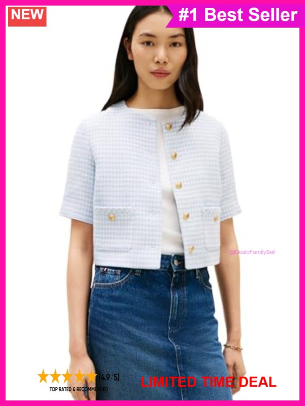 Short Sleeve Tweed Cropped Jacket with Pockets Collarless Button Up